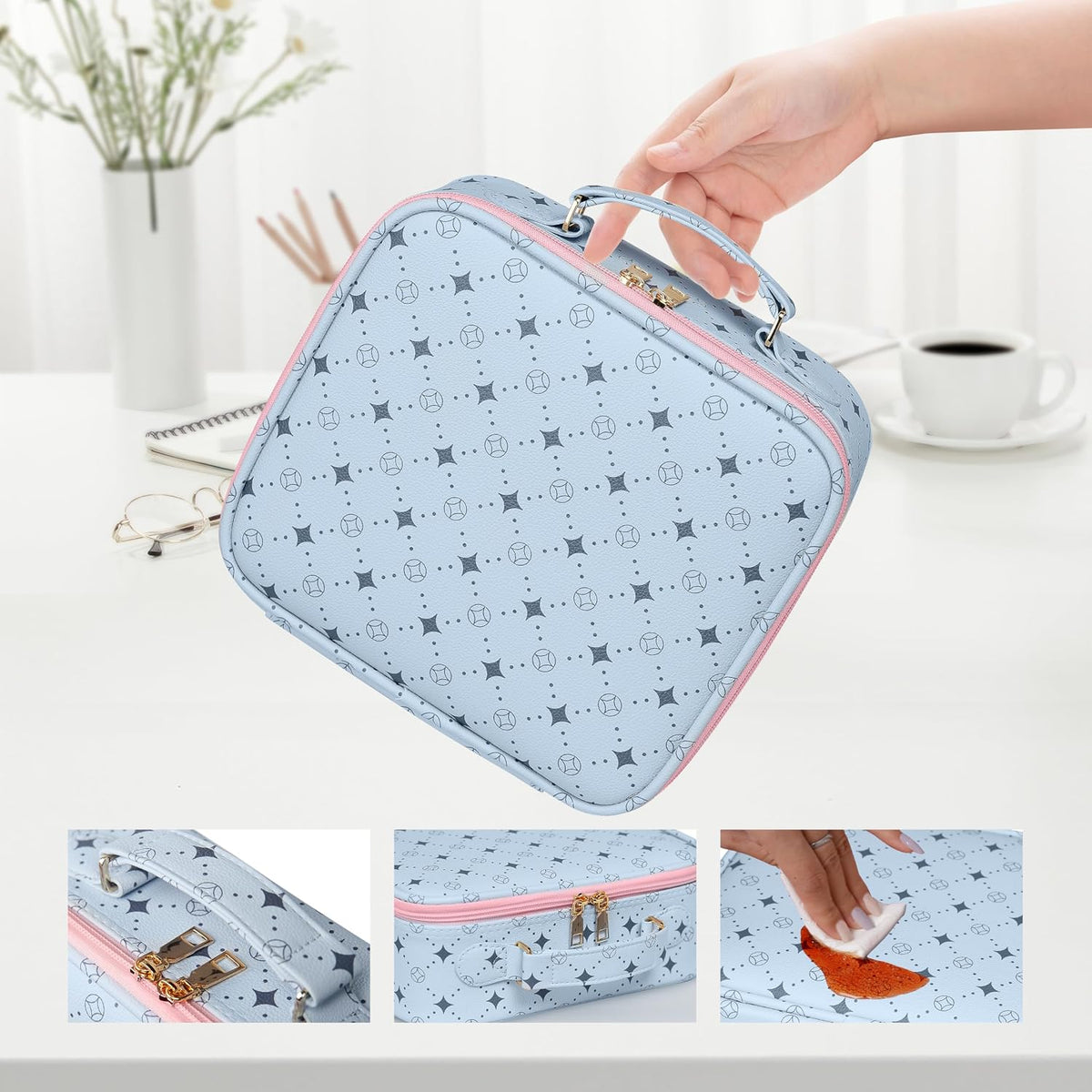Travel Makeup Bag,Waterproof Cosmetic Organizer, Adjustable Dividers,Portability Cosmetic Train Case,Makeup organizer,Gift for Women,Girls Gift (Blue+Pink)