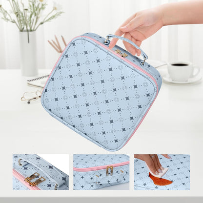 Travel Makeup Bag,Waterproof Cosmetic Organizer, Adjustable Dividers,Portability Cosmetic Train Case,Makeup organizer,Gift for Women,Girls Gift (Blue+Pink)
