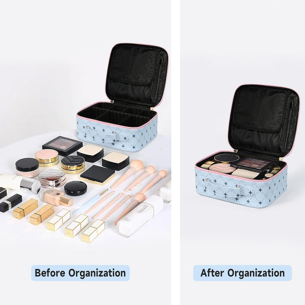 Travel Makeup Bag,Waterproof Cosmetic Organizer, Adjustable Dividers,Portability Cosmetic Train Case,Makeup organizer,Gift for Women,Girls Gift (Blue+Pink)