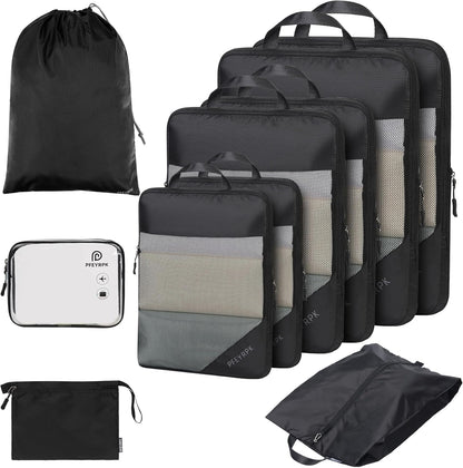 Lightweight Compression Packing Cubes for Suitcases, Compressible Expandable Travel Packing Organizer with Clear Toiletries and Backpack Bag, Travel Essentials for Carry on Luggage