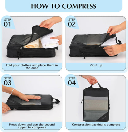 Lightweight Compression Packing Cubes for Suitcases, Compressible Expandable Travel Packing Organizer with Clear Toiletries and Backpack Bag, Travel Essentials for Carry on Luggage