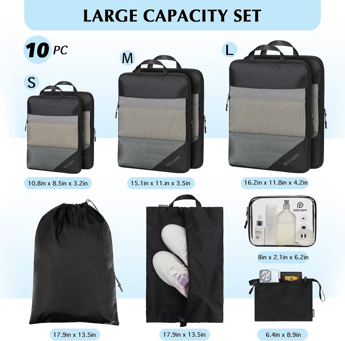 Lightweight Compression Packing Cubes for Suitcases, Compressible Expandable Travel Packing Organizer with Clear Toiletries and Backpack Bag, Travel Essentials for Carry on Luggage