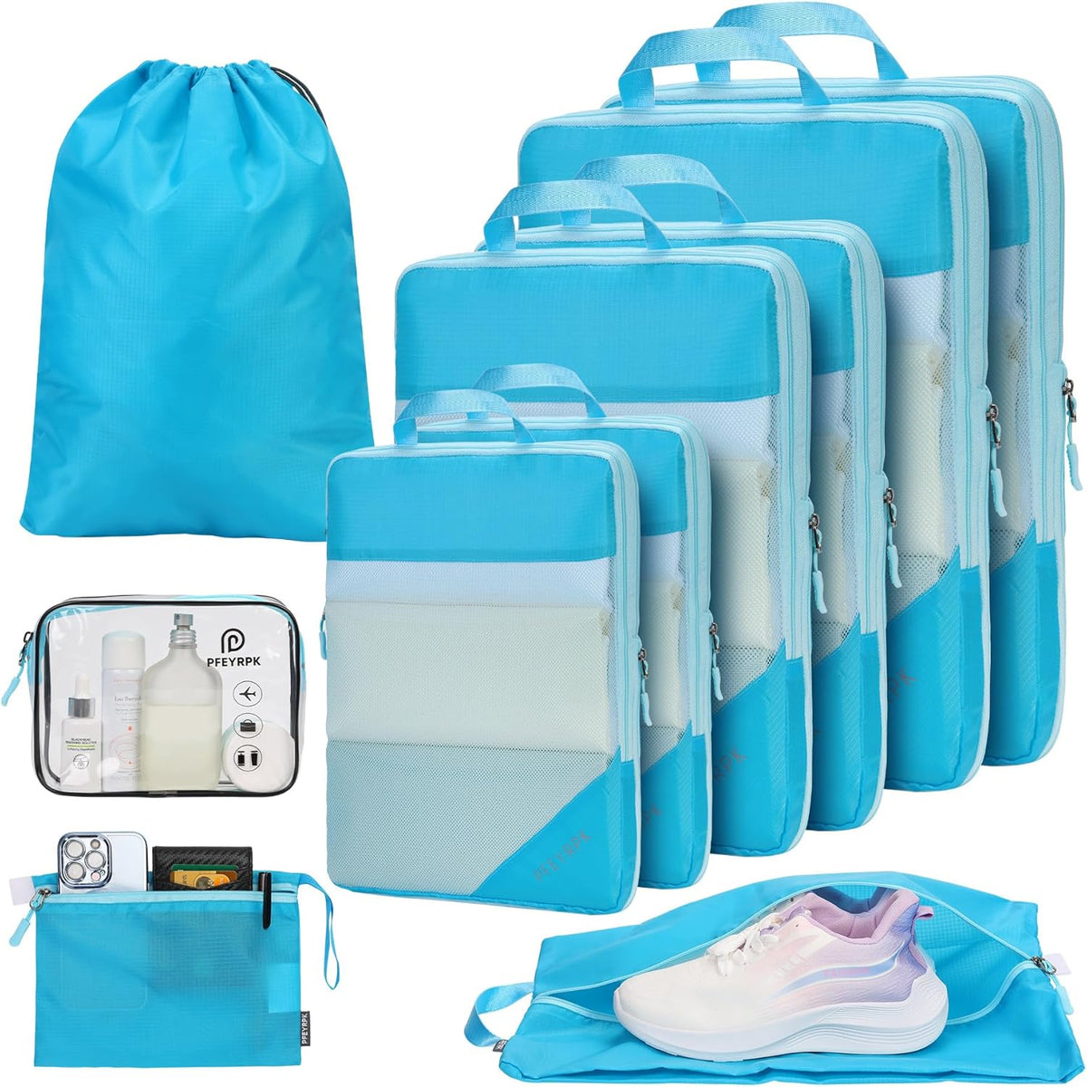 Lightweight Compression Packing Cubes for Suitcases, Compressible Expandable Travel Packing Organizer with Clear Toiletries and Backpack Bag, Travel Essentials for Carry on Luggage