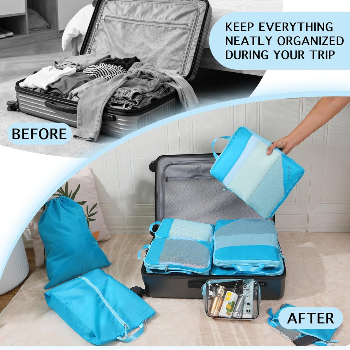 Lightweight Compression Packing Cubes for Suitcases, Compressible Expandable Travel Packing Organizer with Clear Toiletries and Backpack Bag, Travel Essentials for Carry on Luggage