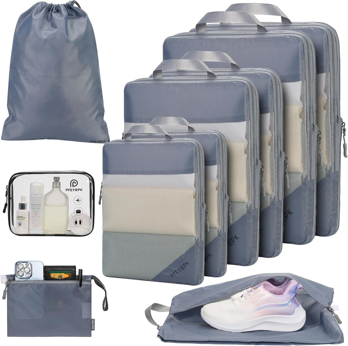 Lightweight Compression Packing Cubes for Suitcases, Compressible Expandable Travel Packing Organizer with Clear Toiletries and Backpack Bag, Travel Essentials for Carry on Luggage