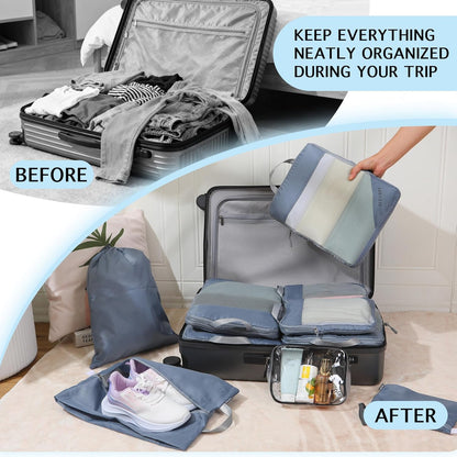 Lightweight Compression Packing Cubes for Suitcases, Compressible Expandable Travel Packing Organizer with Clear Toiletries and Backpack Bag, Travel Essentials for Carry on Luggage