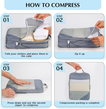 Lightweight Compression Packing Cubes for Suitcases, Compressible Expandable Travel Packing Organizer with Clear Toiletries and Backpack Bag, Travel Essentials for Carry on Luggage