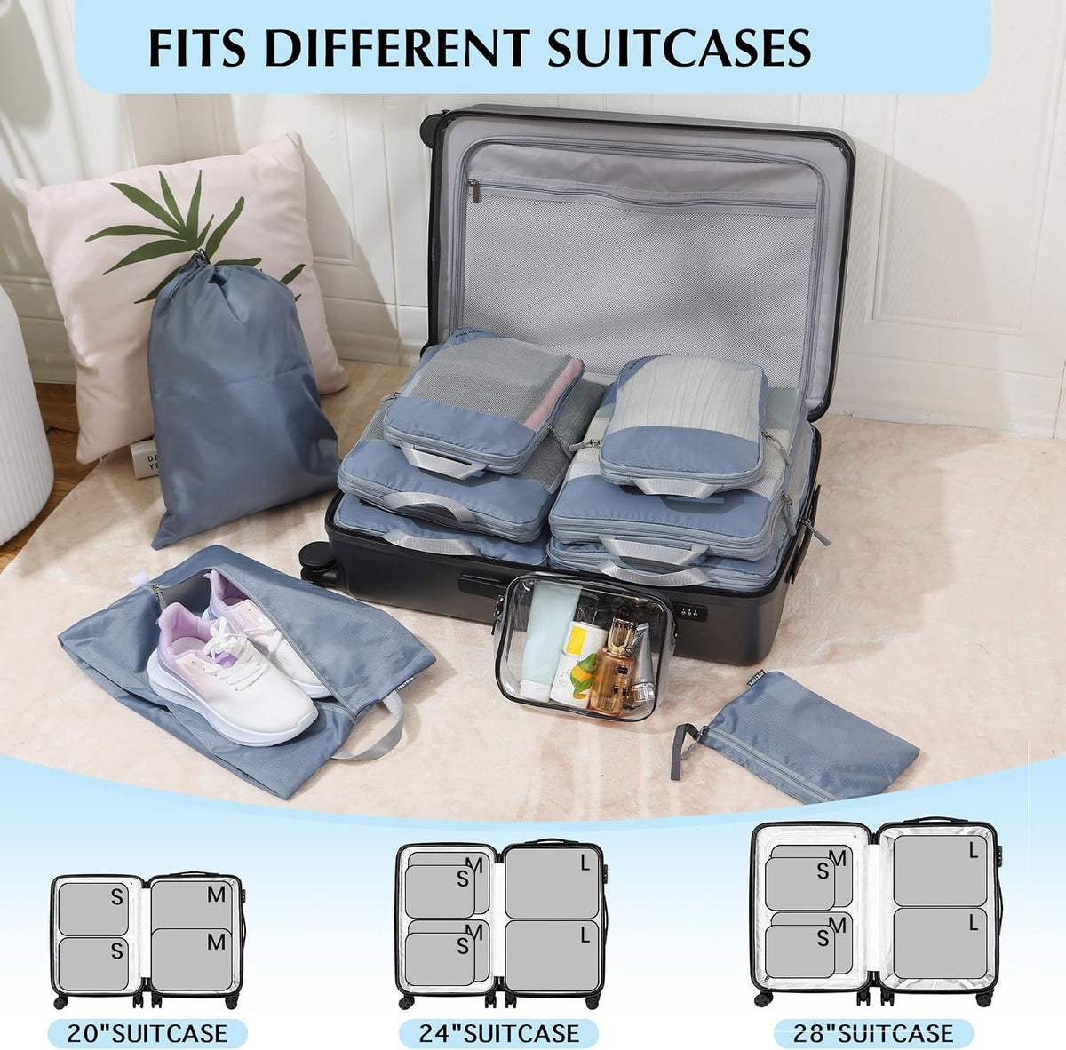 Lightweight Compression Packing Cubes for Suitcases, Compressible Expandable Travel Packing Organizer with Clear Toiletries and Backpack Bag, Travel Essentials for Carry on Luggage