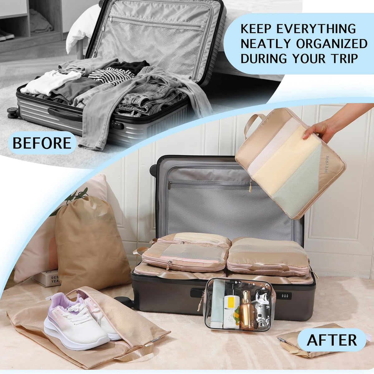Lightweight Compression Packing Cubes for Suitcases, Compressible Expandable Travel Packing Organizer with Clear Toiletries and Backpack Bag, Travel Essentials for Carry on Luggage