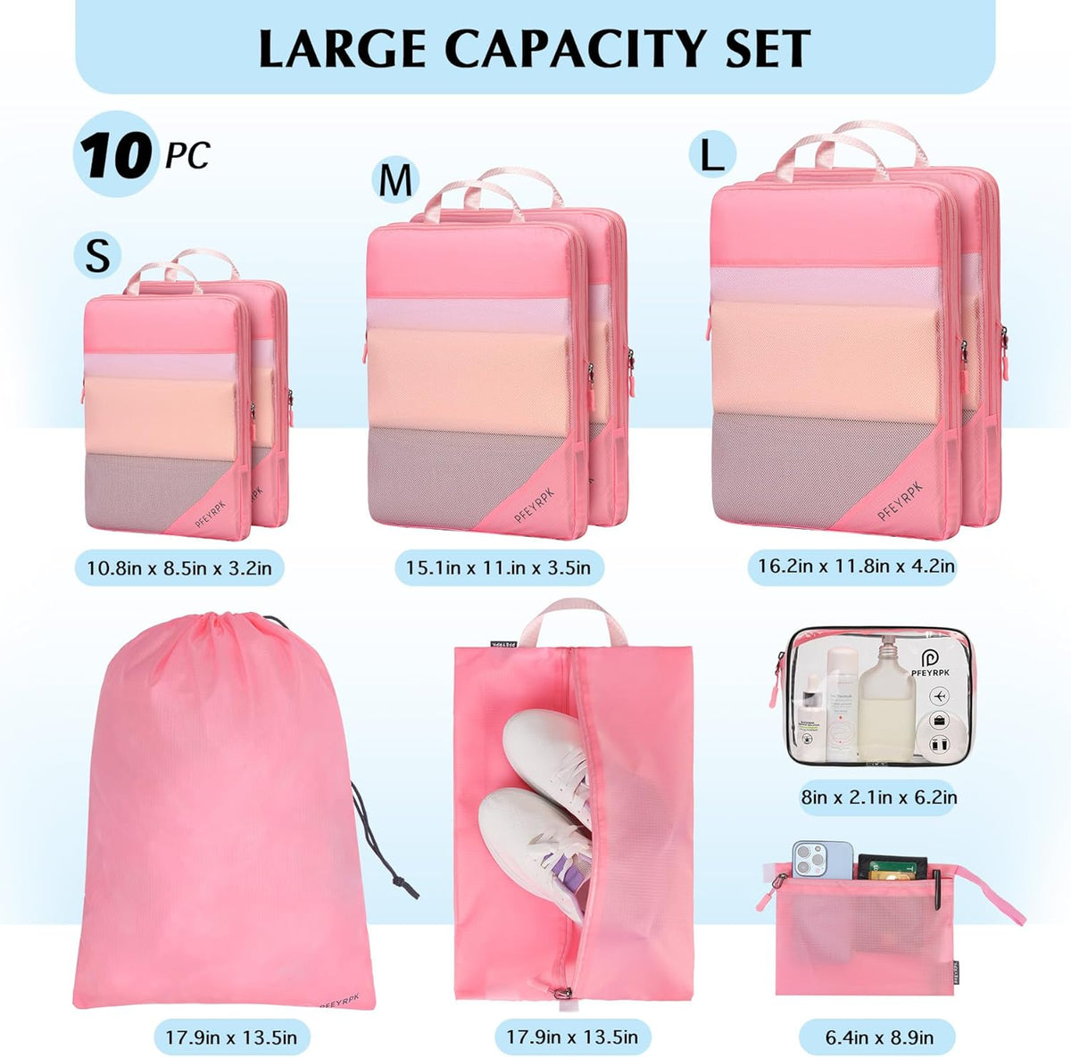 Lightweight Compression Packing Cubes for Suitcases, Compressible Expandable Travel Packing Organizer with Clear Toiletries and Backpack Bag, Travel Essentials for Carry on Luggage