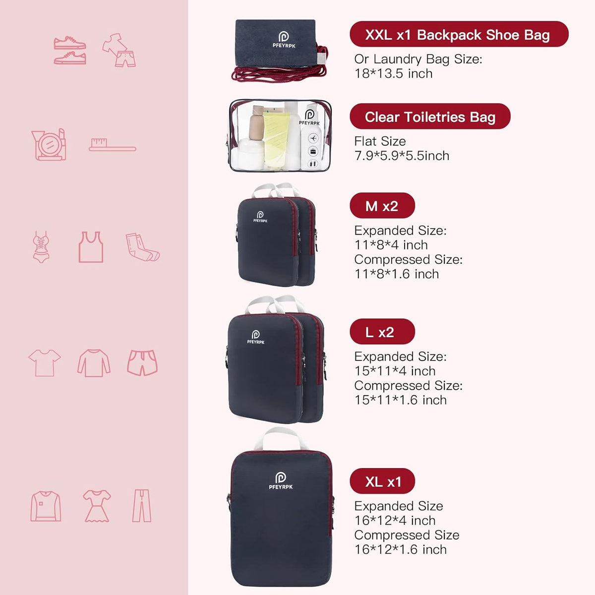 Lightweight Compression Packing Cubes for Suitcases, Compressible Expandable Travel Packing Organizer with Clear Toiletries and Backpack Bag, Travel Essentials for Carry on Luggage