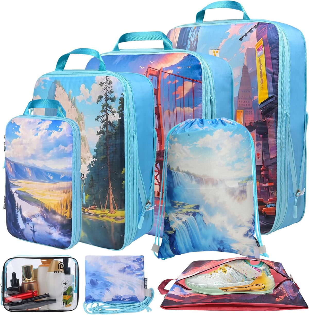 Lightweight Compression Packing Cubes for Suitcases, Compressible Expandable Travel Packing Organizer with Clear Toiletries and Backpack Bag, Travel Essentials for Carry on Luggage