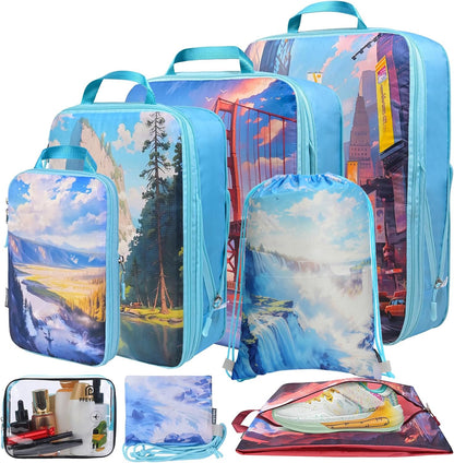 Lightweight Compression Packing Cubes for Suitcases, Compressible Expandable Travel Packing Organizer with Clear Toiletries and Backpack Bag, Travel Essentials for Carry on Luggage