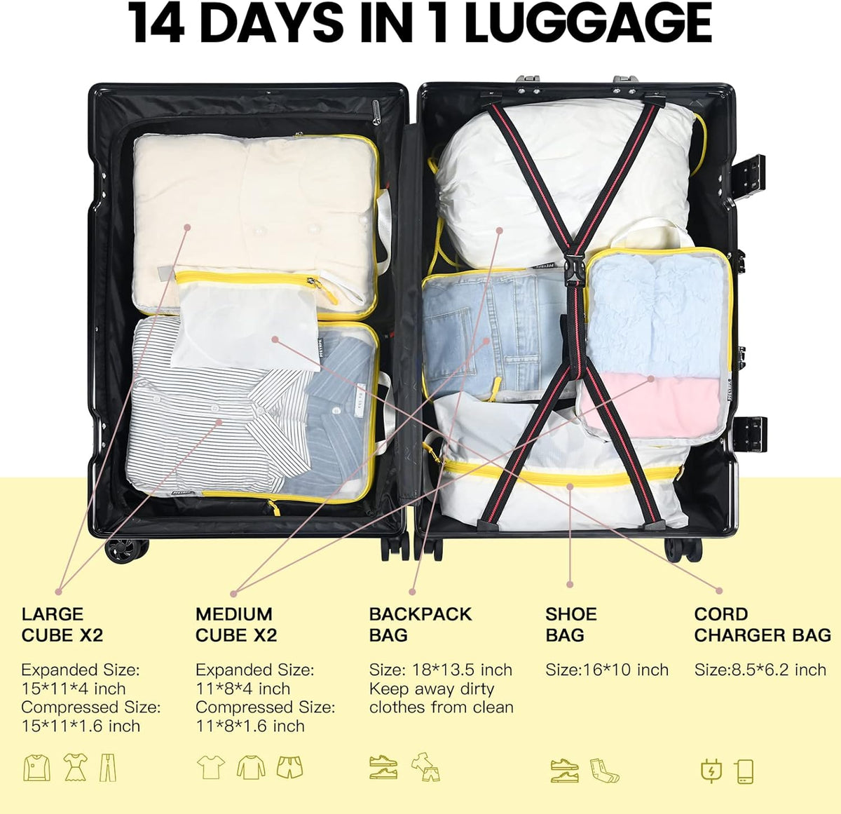 Lightweight Compression Packing Cubes for Suitcases, Compressible Expandable Travel Packing Organizer with Clear Toiletries and Backpack Bag, Travel Essentials for Carry on Luggage