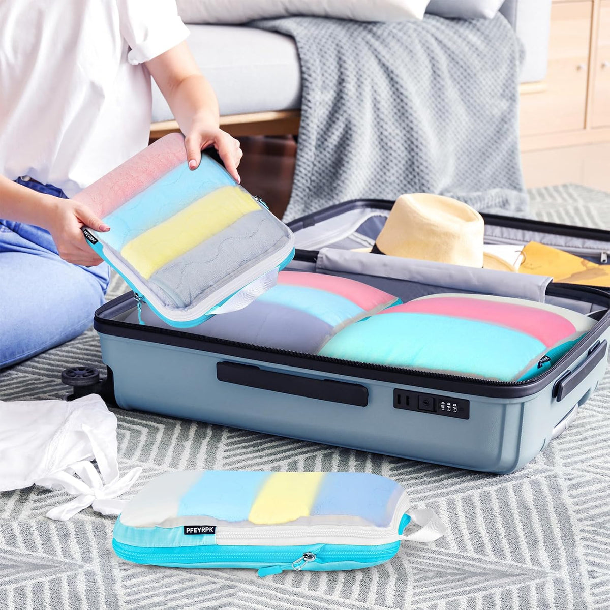 Lightweight Compression Packing Cubes for Suitcases, Compressible Expandable Travel Packing Organizer with Clear Toiletries and Backpack Bag, Travel Essentials for Carry on Luggage