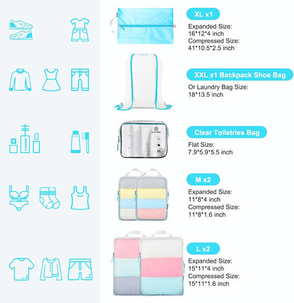 Lightweight Compression Packing Cubes for Suitcases, Compressible Expandable Travel Packing Organizer with Clear Toiletries and Backpack Bag, Travel Essentials for Carry on Luggage