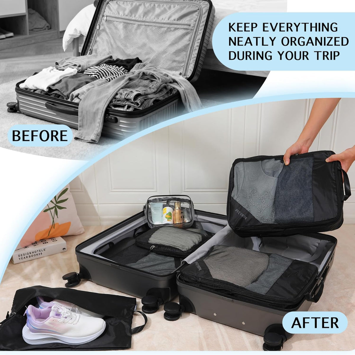 Lightweight Compression Packing Cubes for Suitcases, Compressible Expandable Travel Packing Organizer with Clear Toiletries and Backpack Bag, Travel Essentials for Carry on Luggage