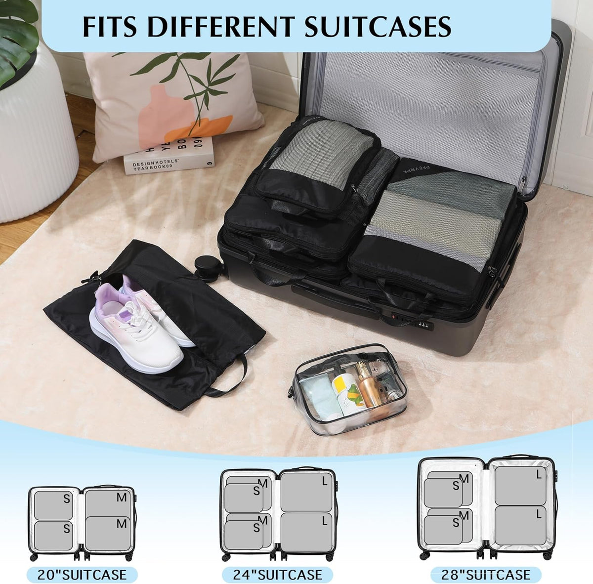 Lightweight Compression Packing Cubes for Suitcases, Compressible Expandable Travel Packing Organizer with Clear Toiletries and Backpack Bag, Travel Essentials for Carry on Luggage