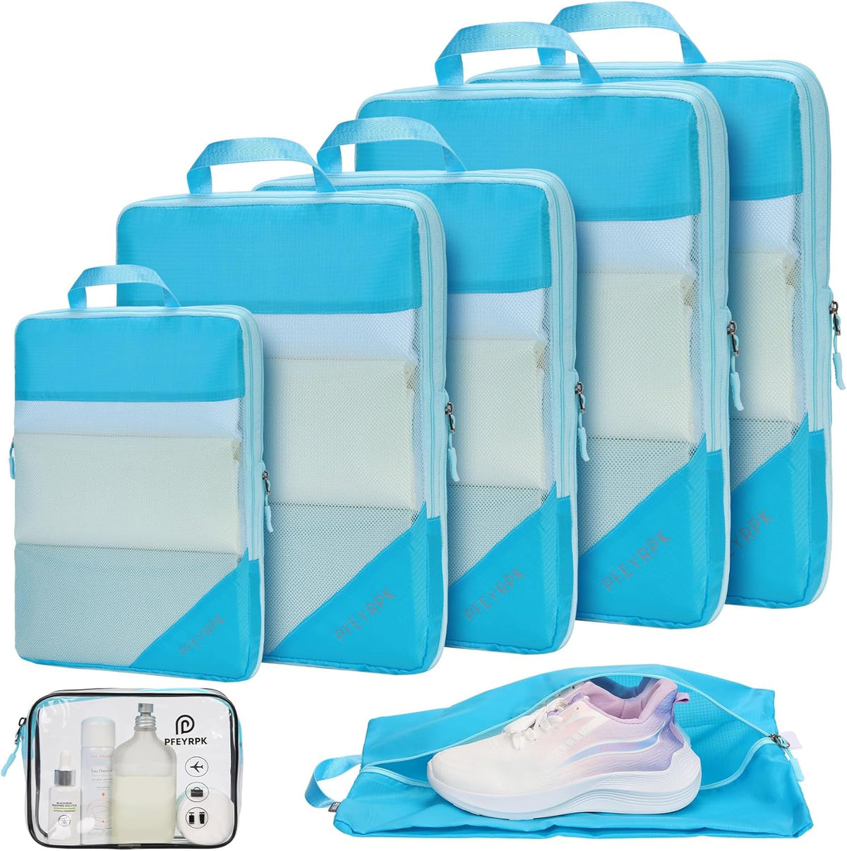 Lightweight Compression Packing Cubes for Suitcases, Compressible Expandable Travel Packing Organizer with Clear Toiletries and Backpack Bag, Travel Essentials for Carry on Luggage