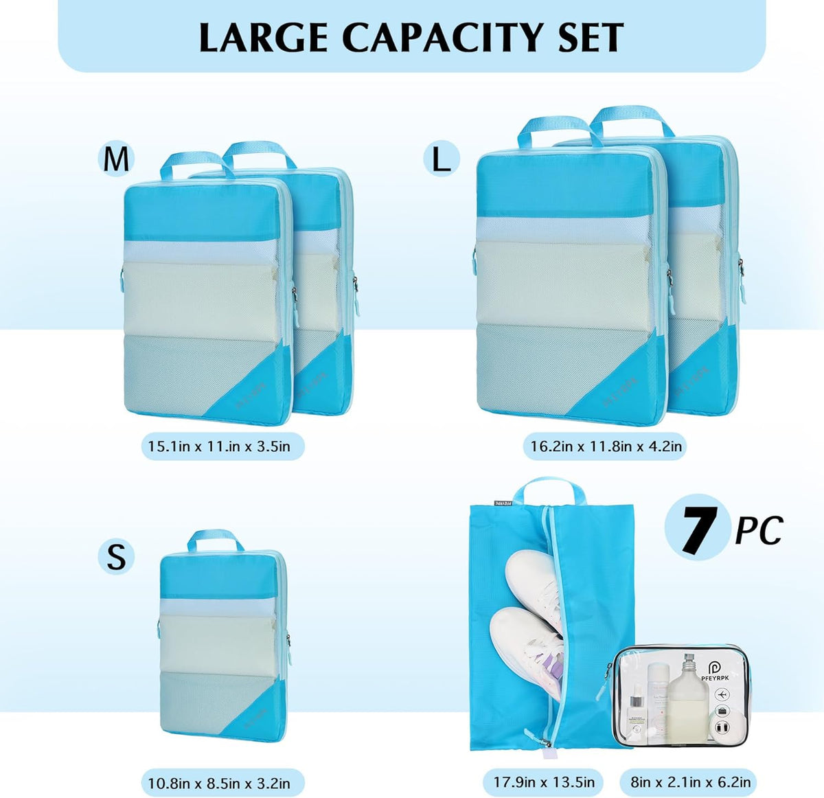 Lightweight Compression Packing Cubes for Suitcases, Compressible Expandable Travel Packing Organizer with Clear Toiletries and Backpack Bag, Travel Essentials for Carry on Luggage