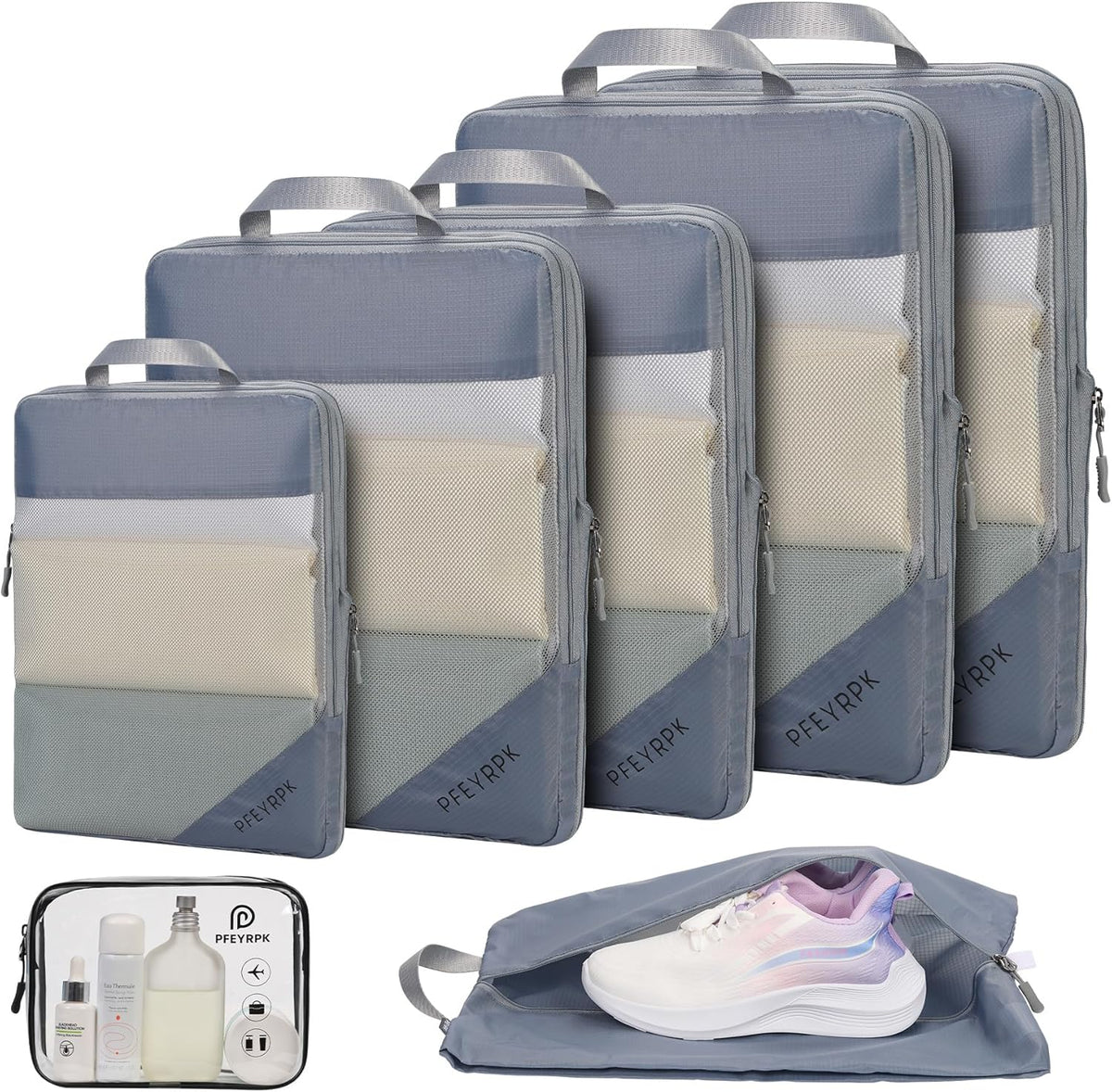 Lightweight Compression Packing Cubes for Suitcases, Compressible Expandable Travel Packing Organizer with Clear Toiletries and Backpack Bag, Travel Essentials for Carry on Luggage