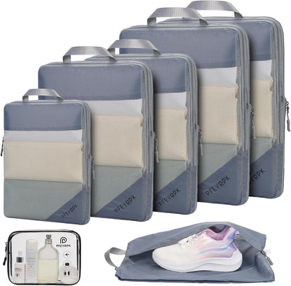 Lightweight Compression Packing Cubes for Suitcases, Compressible Expandable Travel Packing Organizer with Clear Toiletries and Backpack Bag, Travel Essentials for Carry on Luggage