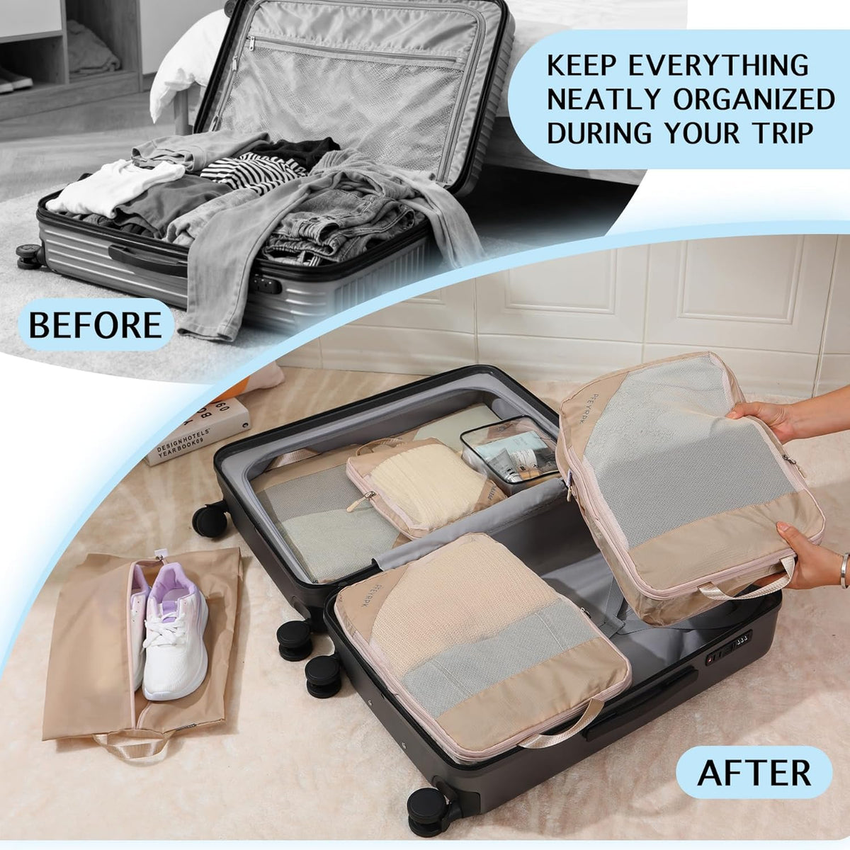 Lightweight Compression Packing Cubes for Suitcases, Compressible Expandable Travel Packing Organizer with Clear Toiletries and Backpack Bag, Travel Essentials for Carry on Luggage