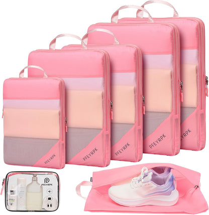 Lightweight Compression Packing Cubes for Suitcases, Compressible Expandable Travel Packing Organizer with Clear Toiletries and Backpack Bag, Travel Essentials for Carry on Luggage
