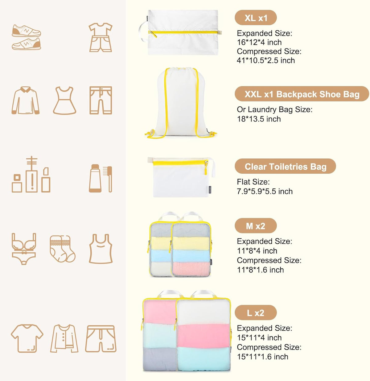Lightweight Compression Packing Cubes for Suitcases, Compressible Expandable Travel Packing Organizer with Clear Toiletries and Backpack Bag, Travel Essentials for Carry on Luggage