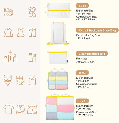 Lightweight Compression Packing Cubes for Suitcases, Compressible Expandable Travel Packing Organizer with Clear Toiletries and Backpack Bag, Travel Essentials for Carry on Luggage