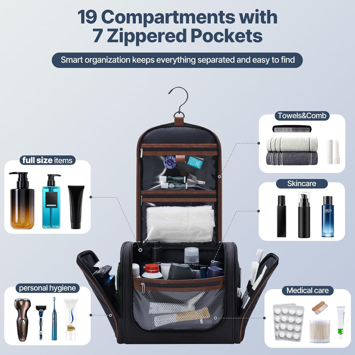 Men’s Hanging Toiletry Bag, Large Capacity Toiletry Organizer | Water-Resistant Toiletry Bag With 360° Hook, Multiple Compartments For Grooming & Shaving, Ideal For Travel & Business, Black