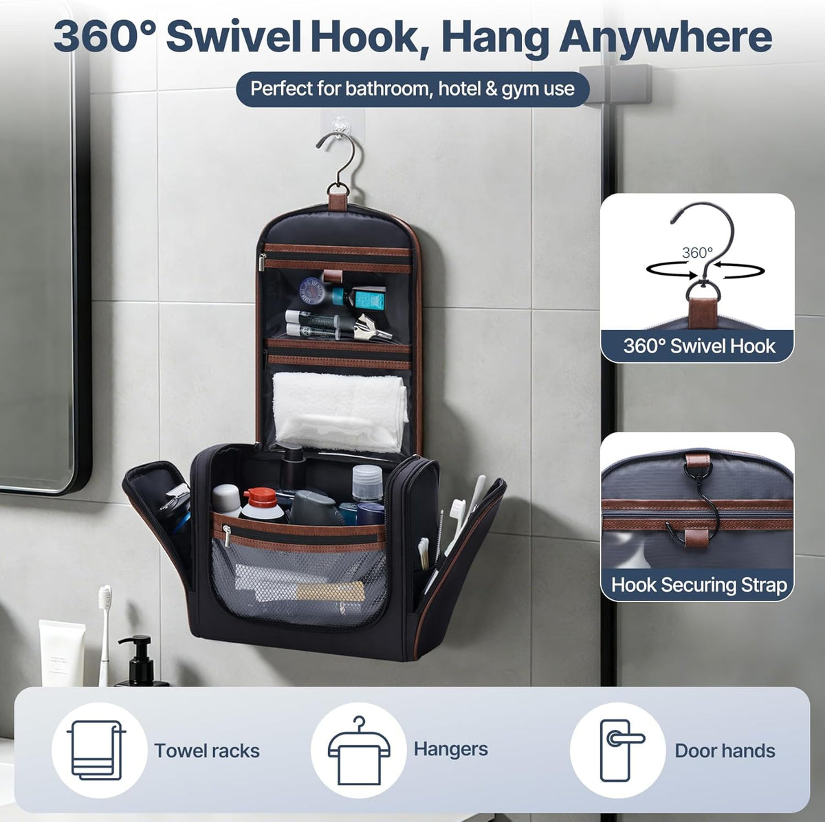 Men’s Hanging Toiletry Bag, Large Capacity Toiletry Organizer | Water-Resistant Toiletry Bag With 360° Hook, Multiple Compartments For Grooming & Shaving, Ideal For Travel & Business, Black
