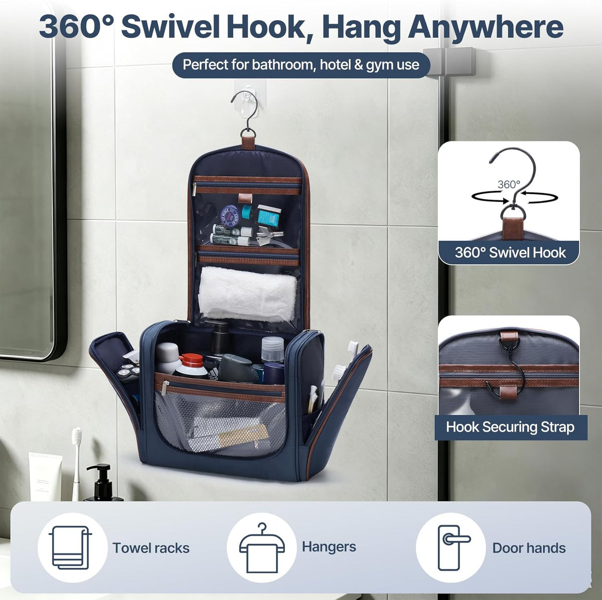 Men’s Hanging Toiletry Bag, Large Capacity Toiletry Organizer | Water-Resistant Toiletry Bag With 360° Hook, Multiple Compartments For Grooming & Shaving, Ideal For Travel & Business, Black