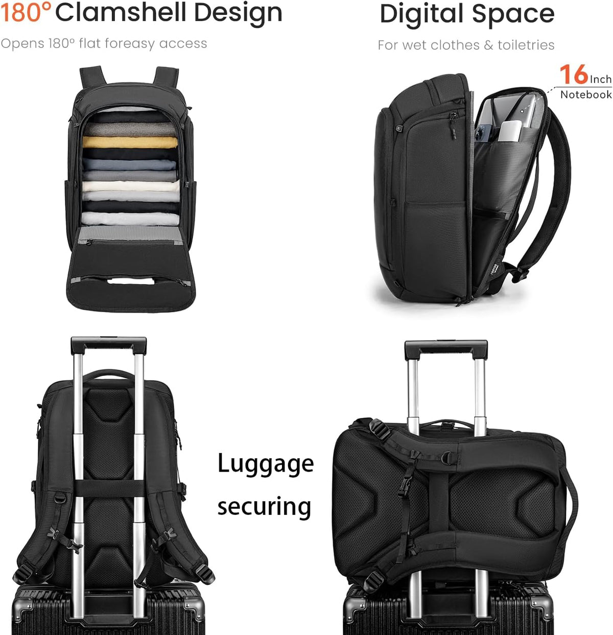 38L Carry On Backpack, Large Travel Backpack with 16 Inch Laptop Compartment, 180° Clamshell Opening, Water-Resistant CORDURA Fabric, Black