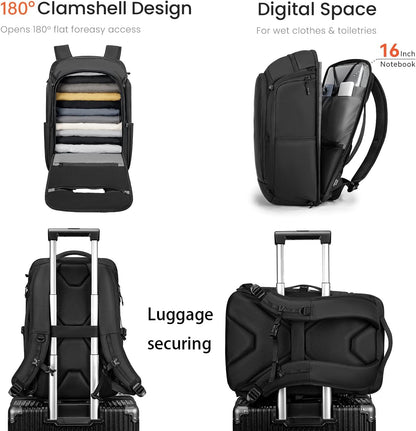 38L Carry On Backpack, Large Travel Backpack with 16 Inch Laptop Compartment, 180° Clamshell Opening, Water-Resistant CORDURA Fabric, Black