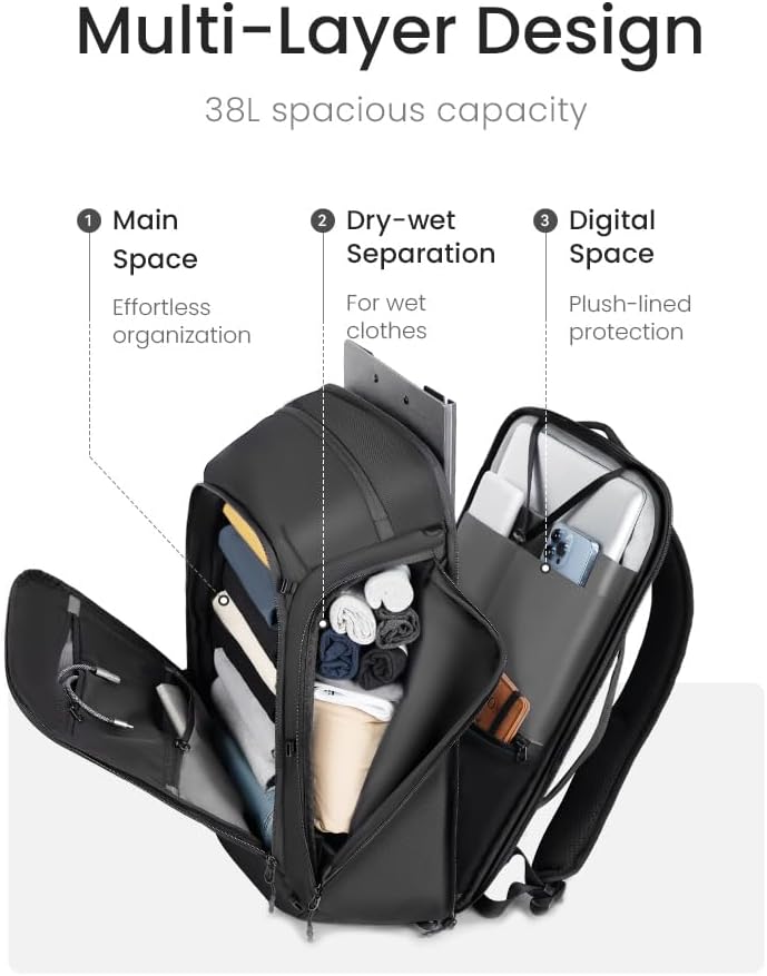 38L Carry On Backpack, Large Travel Backpack with 16 Inch Laptop Compartment, 180° Clamshell Opening, Water-Resistant CORDURA Fabric, Black