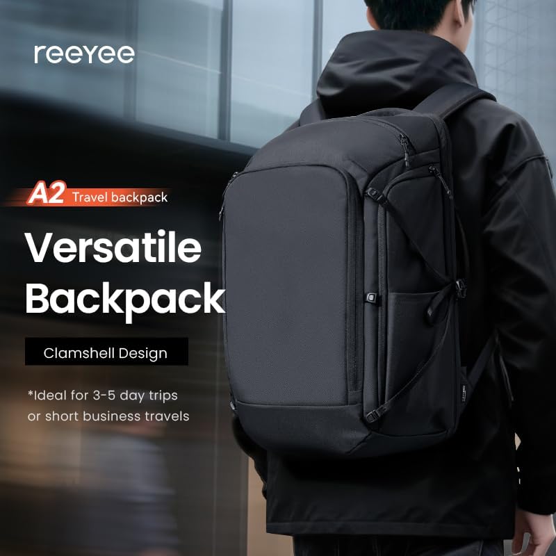 38L Carry On Backpack, Large Travel Backpack with 16 Inch Laptop Compartment, 180° Clamshell Opening, Water-Resistant CORDURA Fabric, Black