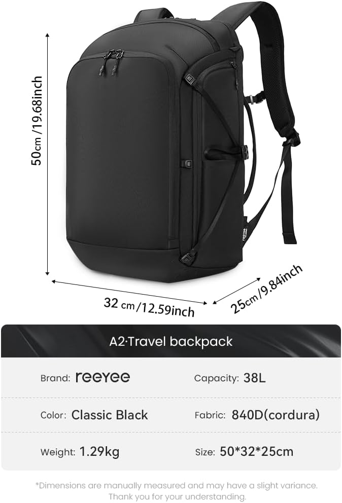 38L Carry On Backpack, Large Travel Backpack with 16 Inch Laptop Compartment, 180° Clamshell Opening, Water-Resistant CORDURA Fabric, Black