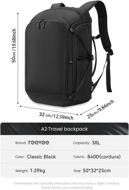 38L Carry On Backpack, Large Travel Backpack with 16 Inch Laptop Compartment, 180° Clamshell Opening, Water-Resistant CORDURA Fabric, Black