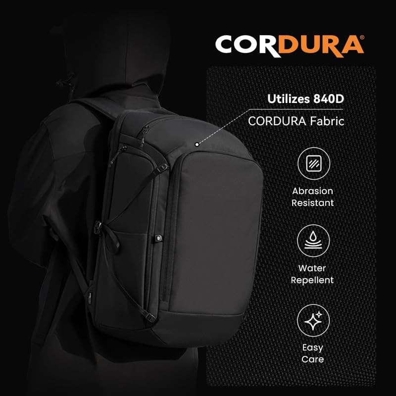 38L Carry On Backpack, Large Travel Backpack with 16 Inch Laptop Compartment, 180° Clamshell Opening, Water-Resistant CORDURA Fabric, Black