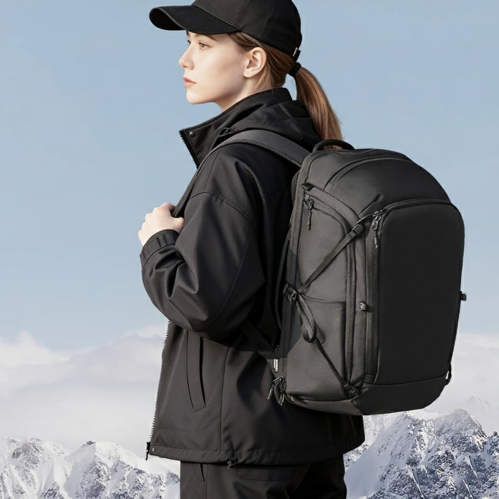 38L Carry On Backpack, Large Travel Backpack with 16 Inch Laptop Compartment, 180° Clamshell Opening, Water-Resistant CORDURA Fabric, Black