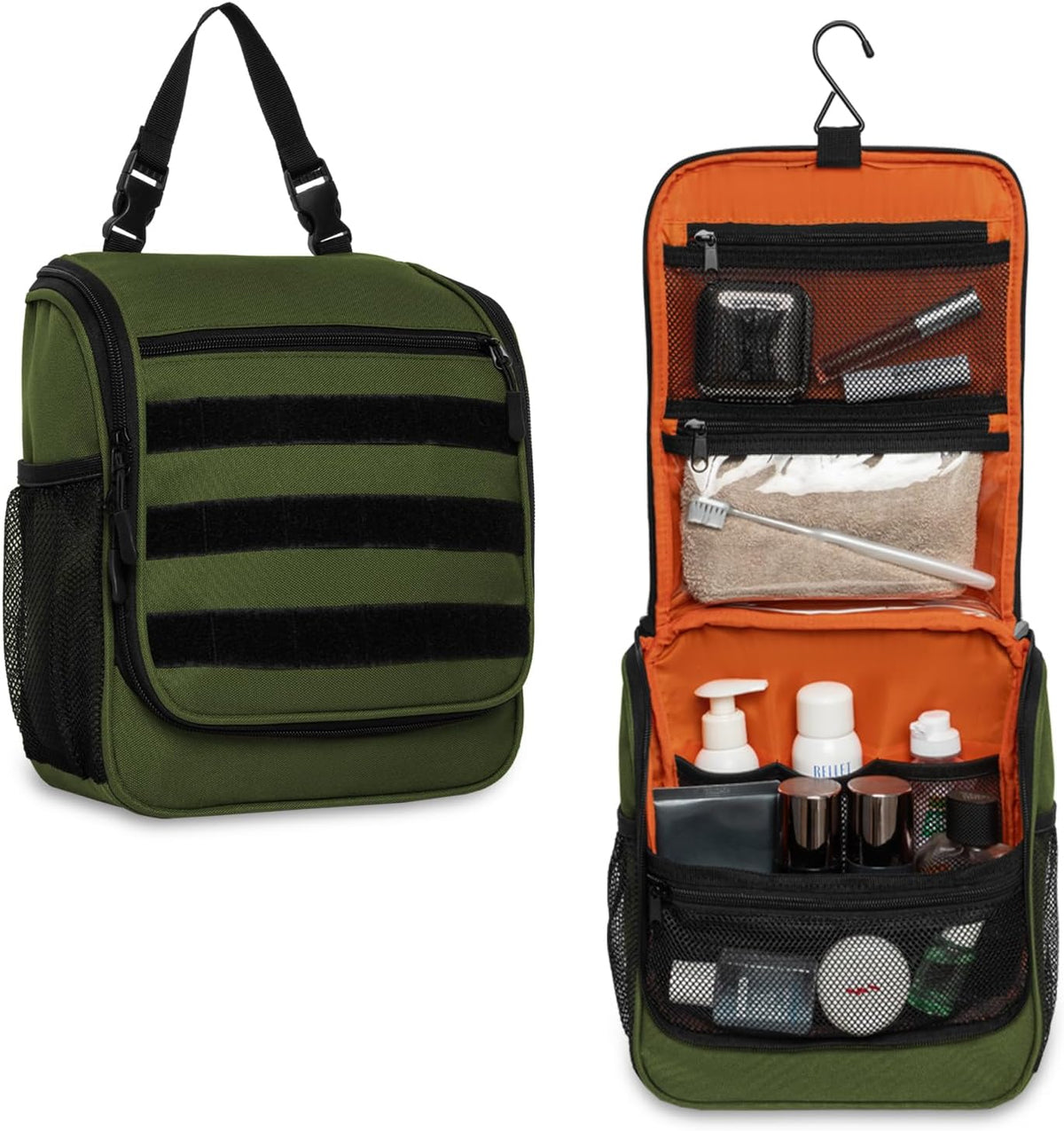 Tactical Hanging Toiletry Bag for Men - Waterproof Compact Travel Dopp Kit with Sturdy Hook, Lightweight Business Trip & Gym Organizer, Small Durable Wash Kit (Green)