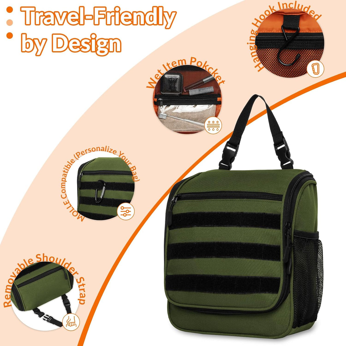 Tactical Hanging Toiletry Bag for Men - Waterproof Compact Travel Dopp Kit with Sturdy Hook, Lightweight Business Trip & Gym Organizer, Small Durable Wash Kit (Green)
