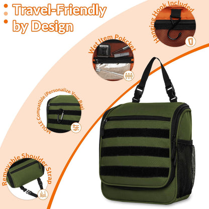 Tactical Hanging Toiletry Bag for Men - Waterproof Compact Travel Dopp Kit with Sturdy Hook, Lightweight Business Trip & Gym Organizer, Small Durable Wash Kit (Green)