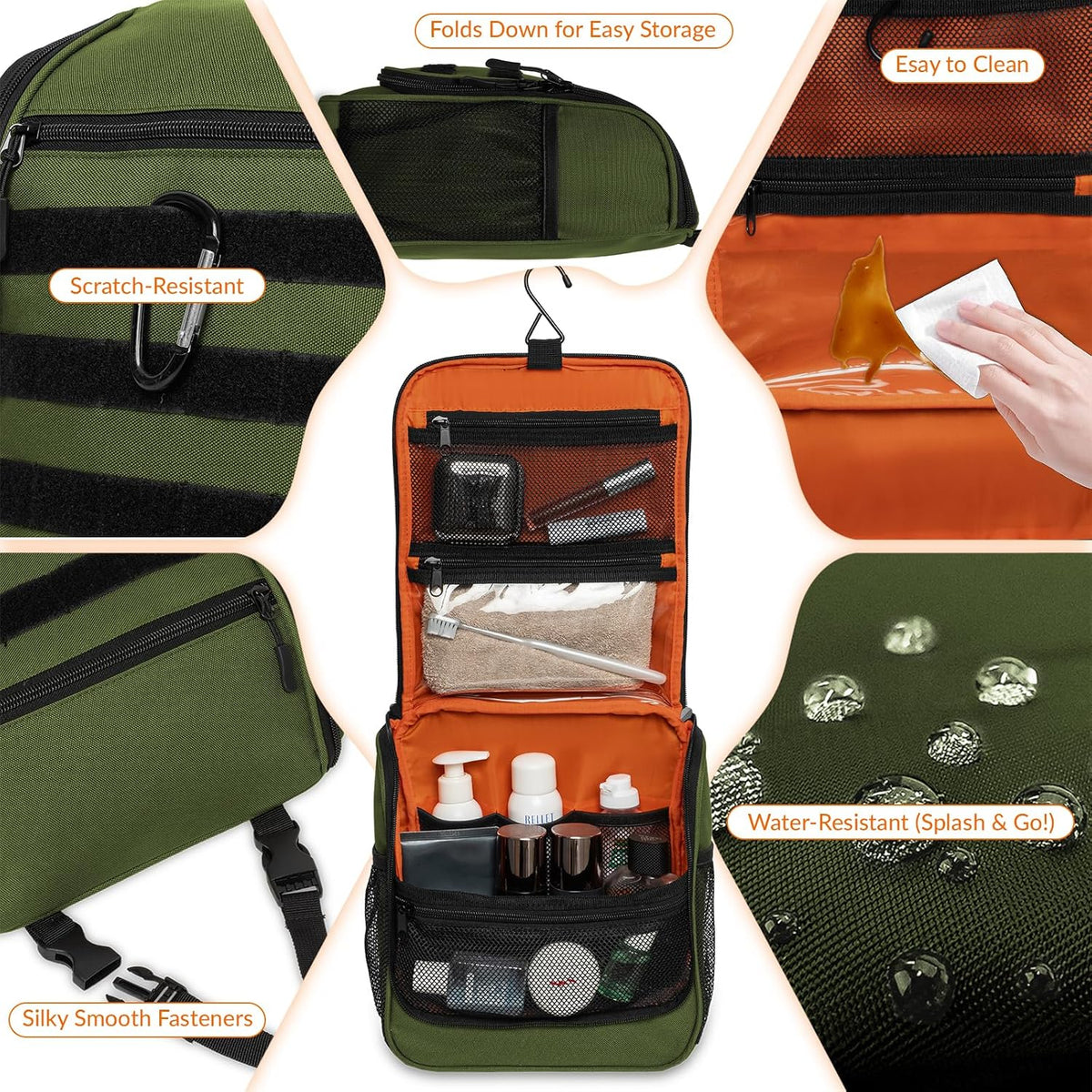 Tactical Hanging Toiletry Bag for Men - Waterproof Compact Travel Dopp Kit with Sturdy Hook, Lightweight Business Trip & Gym Organizer, Small Durable Wash Kit (Green)