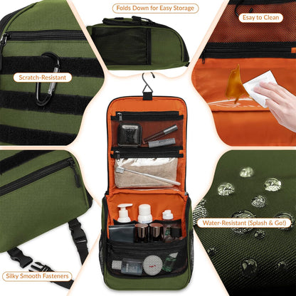 Tactical Hanging Toiletry Bag for Men - Waterproof Compact Travel Dopp Kit with Sturdy Hook, Lightweight Business Trip & Gym Organizer, Small Durable Wash Kit (Green)