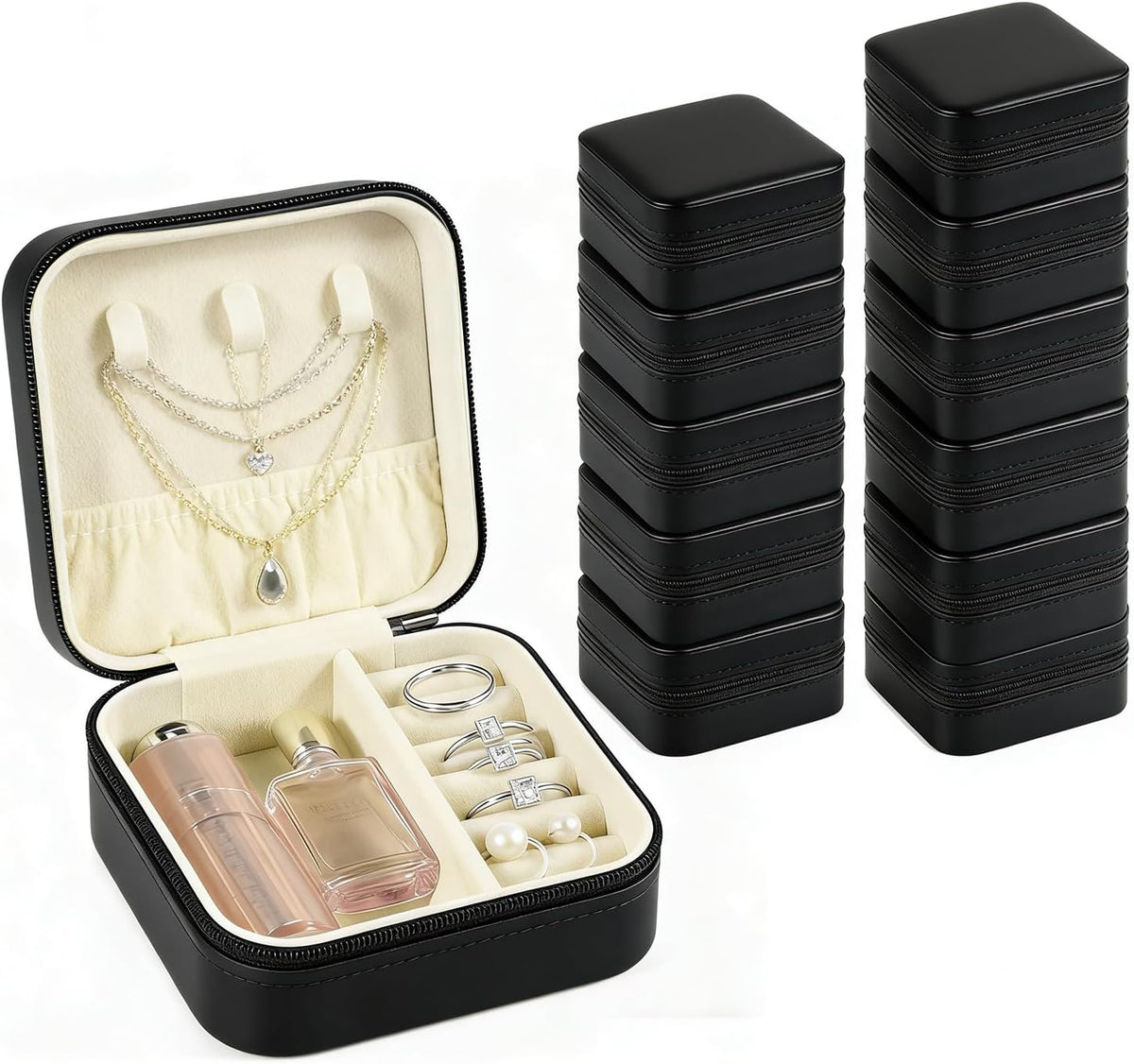 Travel Jewelry Case, 6 Pack Mini Portable Jewelry Travel Boxes, PU Leather Jewelry Travel Case, Small Jewelry Organizer for Rings, Earrings, Pendants, Necklaces (12, Black)