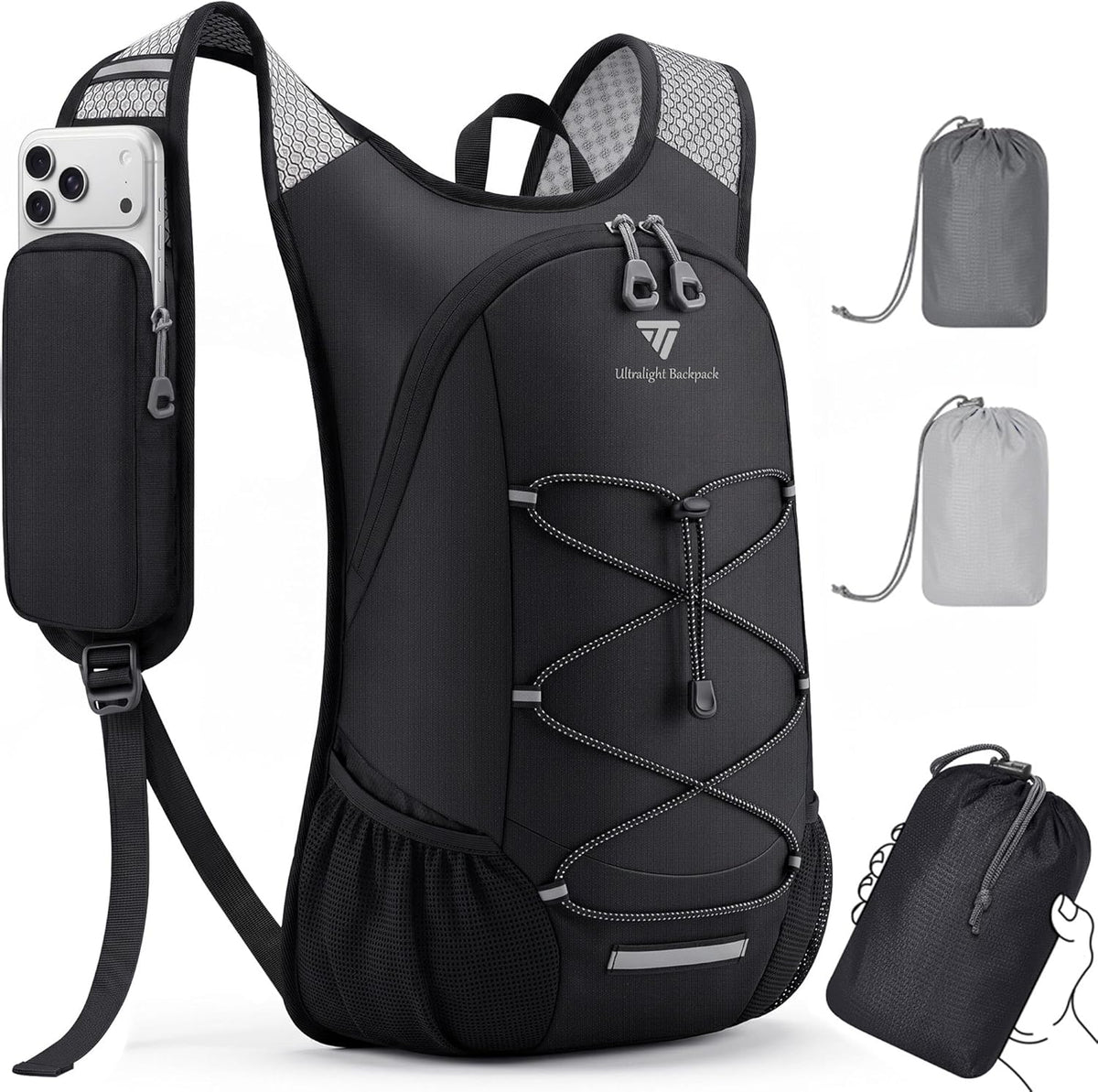 15L Small Hiking Backpack for Men Women – Foldable Packable Daypack with Hydration System Compatible & Shoulder Strap Phone Pocket, Lightweight for Travel Camping Outdoor (Black)