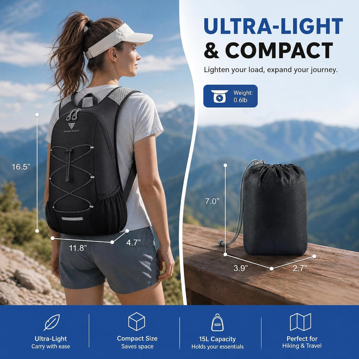 15L Small Hiking Backpack for Men Women – Foldable Packable Daypack with Hydration System Compatible & Shoulder Strap Phone Pocket, Lightweight for Travel Camping Outdoor (Black)