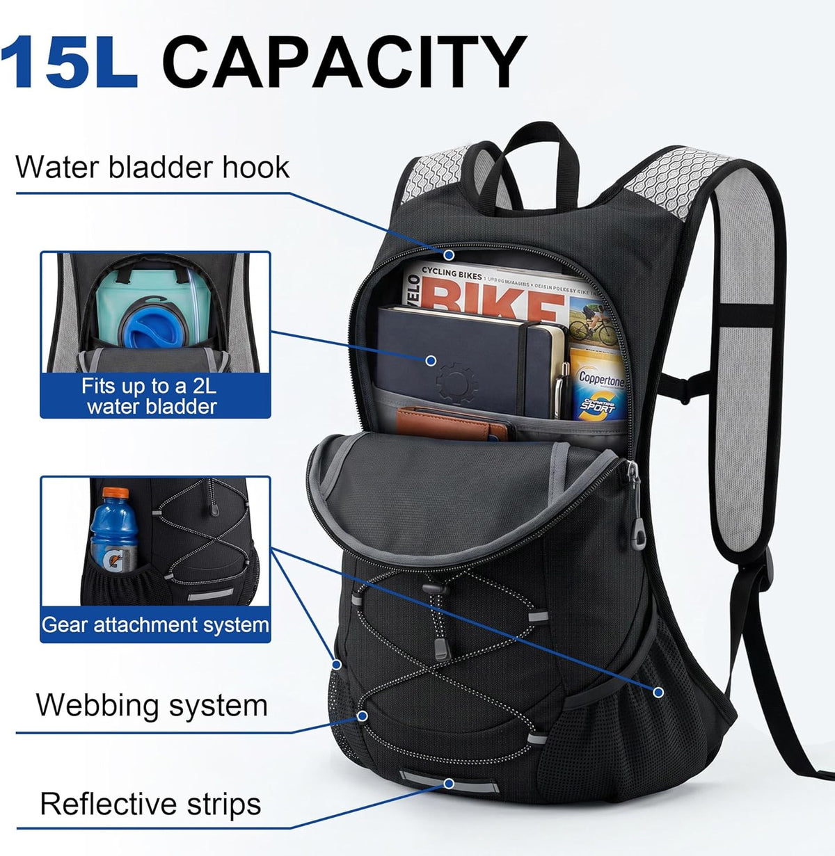 15L Small Hiking Backpack for Men Women – Foldable Packable Daypack with Hydration System Compatible & Shoulder Strap Phone Pocket, Lightweight for Travel Camping Outdoor (Black)